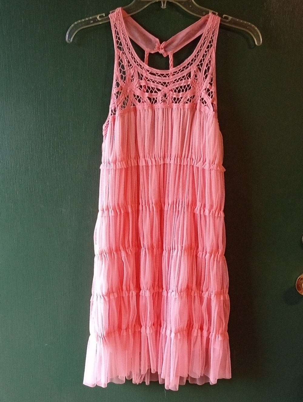 Rebellion Pink Crochet Yoke Tiered Chiffon Dress Sz Med